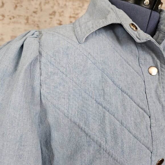 Vintage 1980s Blue Chambray Bomber Jacket Yoke vtg 80s Puff Sleeve S Light Denim - Picture 5 of 10